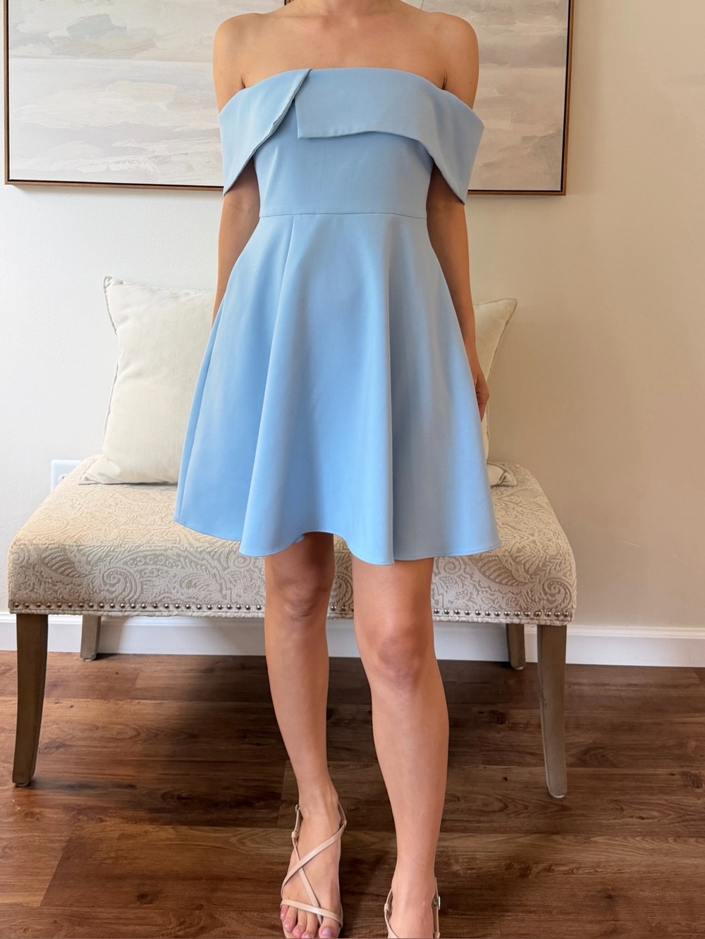 LIKELY Emmitt Off the Shoulder Mini Skater Dress | Powder Blue Size 6